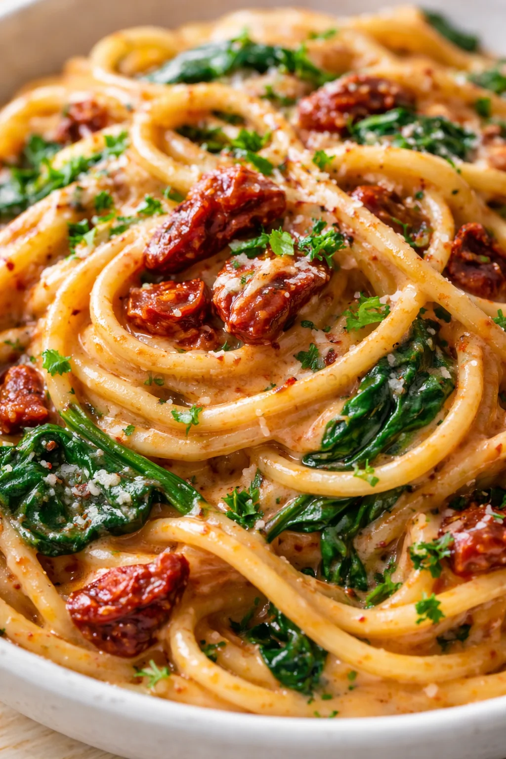 Close-up of creamy spaghetti with sun-dried tomatoes, spinach, and parsley in a pan