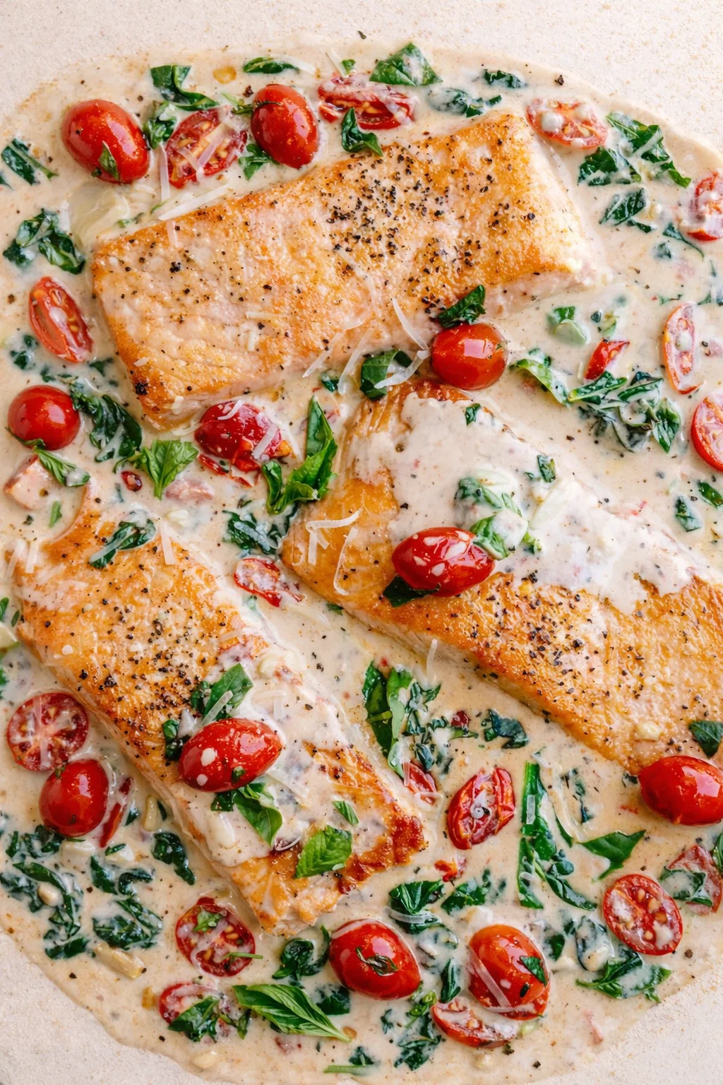 Golden-brown fish fillets in creamy tomato-basil sauce with cherry tomatoes and greens.