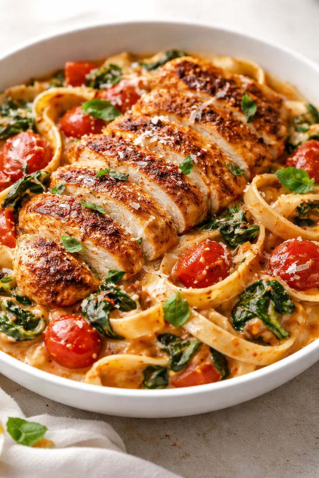 sliced pepper-crusted chicken breast arranged over creamy tomato pasta with cherry tomatoes, wilted spinach, and basil, in a white bowl