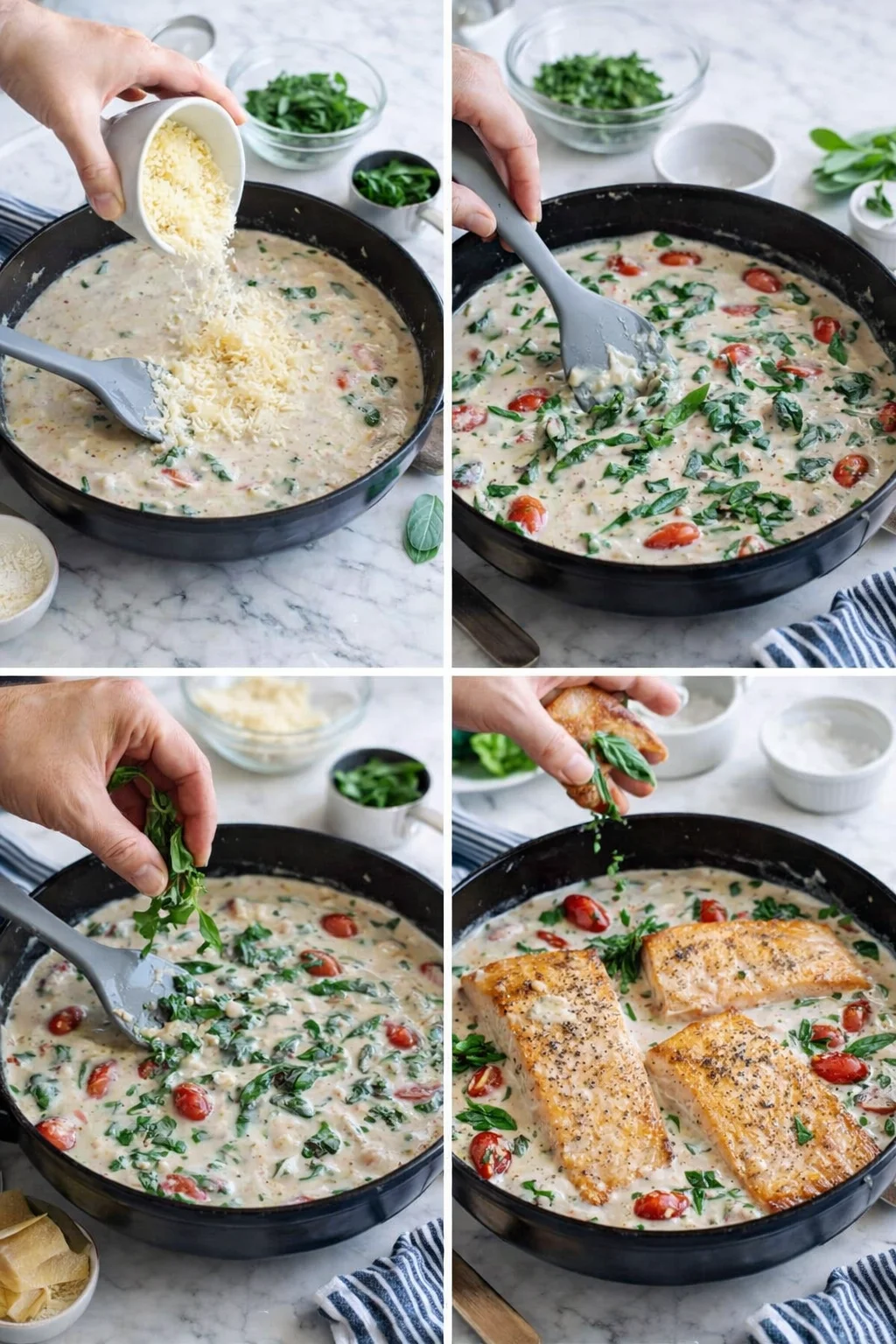 four-panel collage showing cheese added, stirring sauce, adding herbs, and cooking fish in creamy tomato sauce
