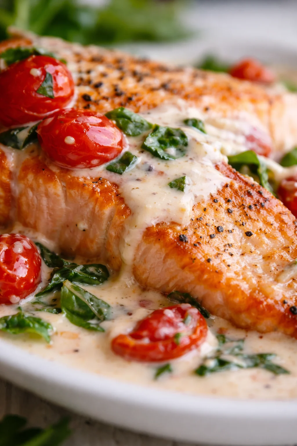 Close-up of salmon fillet with creamy sauce, roasted cherry tomatoes, and greens.