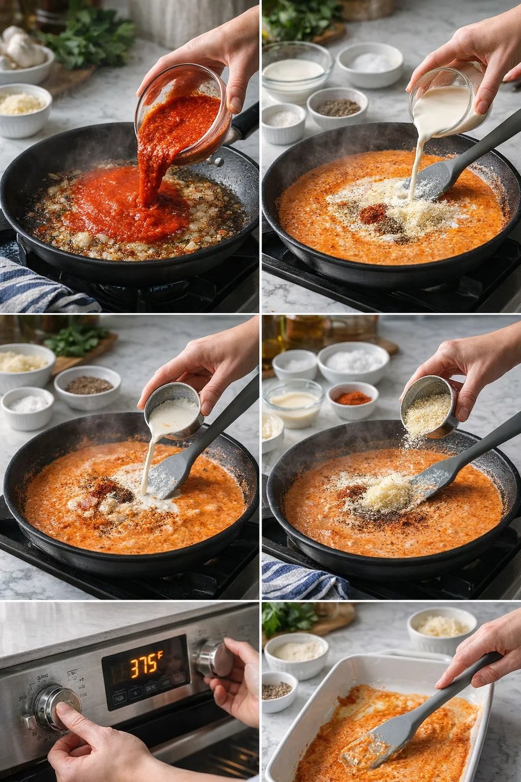collage showing hands building a creamy tomato sauce in a skillet on the stove