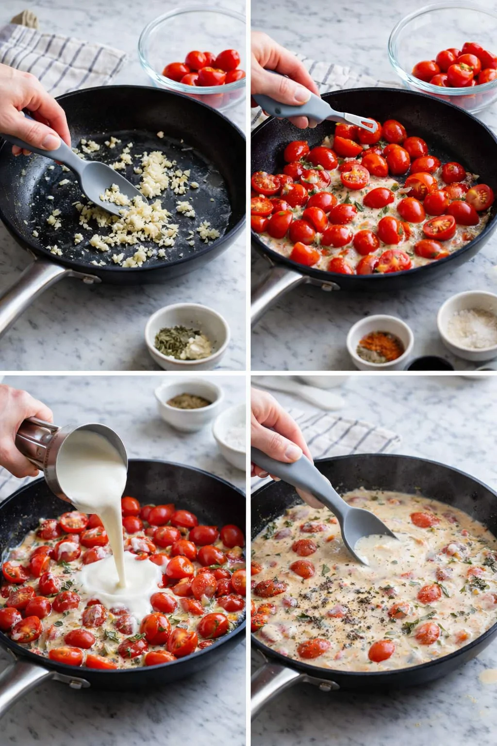 Four-panel collage of garlic sautéing, cherry tomatoes added, and cream sauce forming in a skillet.
