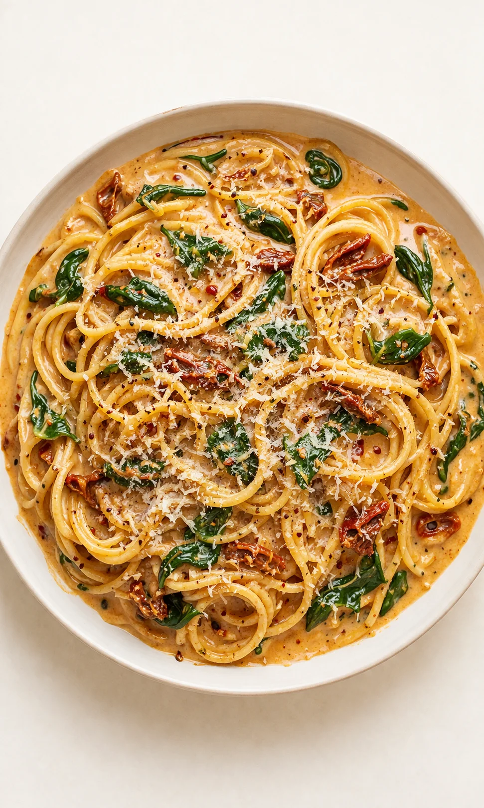 Creamy tomato spaghetti with spinach and grated cheese in a light bowl