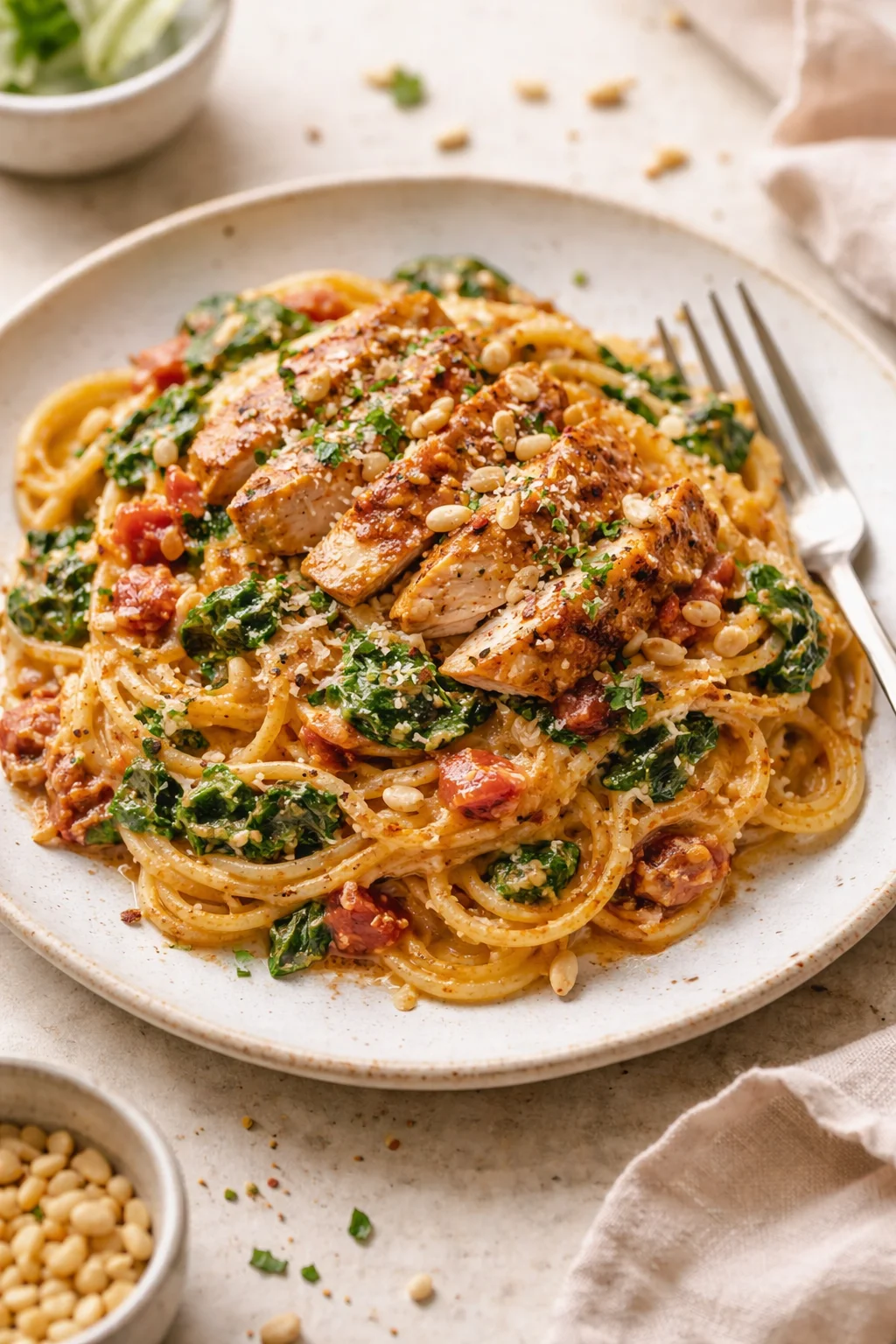 plate of creamy tomato spinach pasta topped with grilled chicken and pine nuts