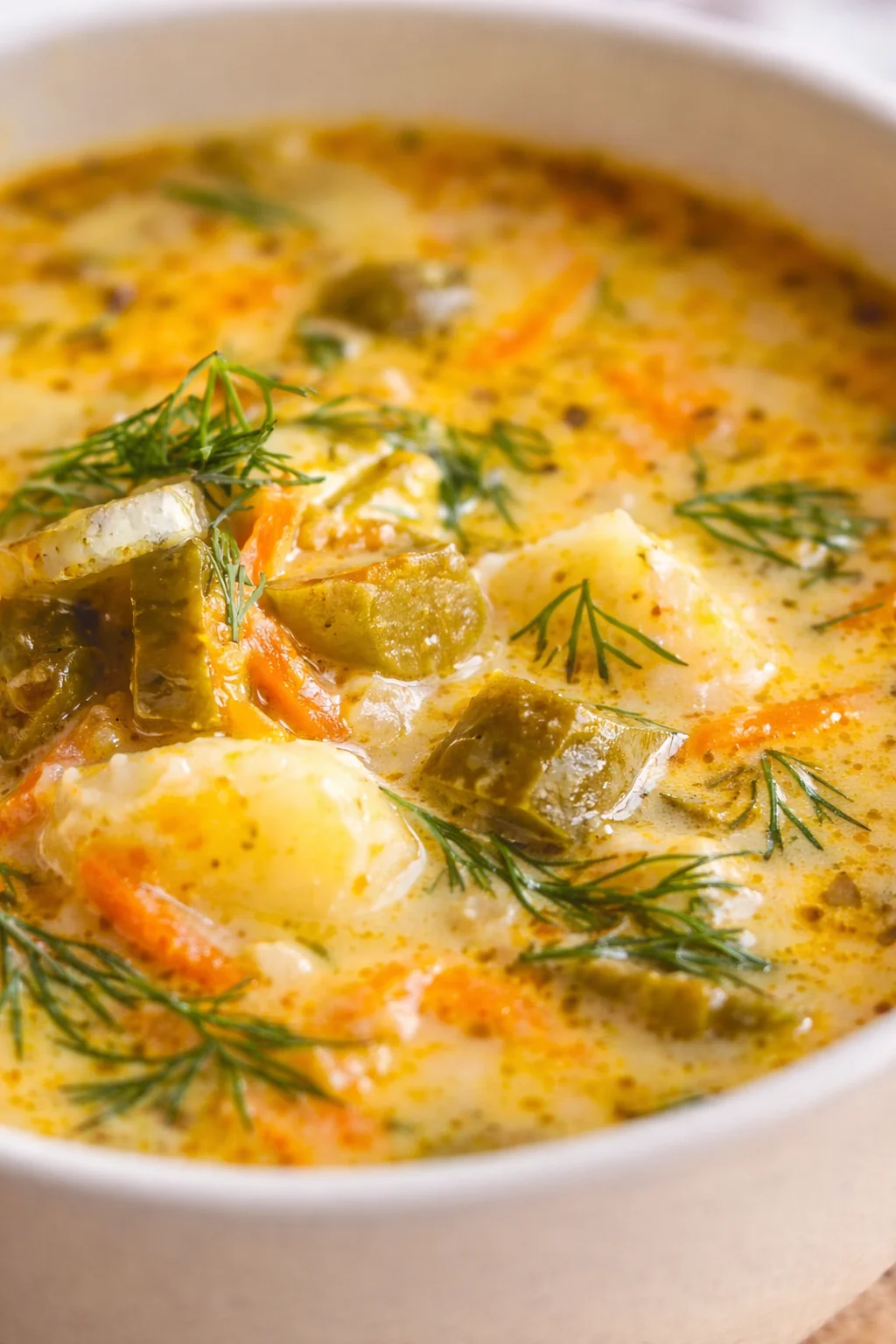 Creamy yellow chowder with potatoes, carrots, and dill garnish in a white bowl