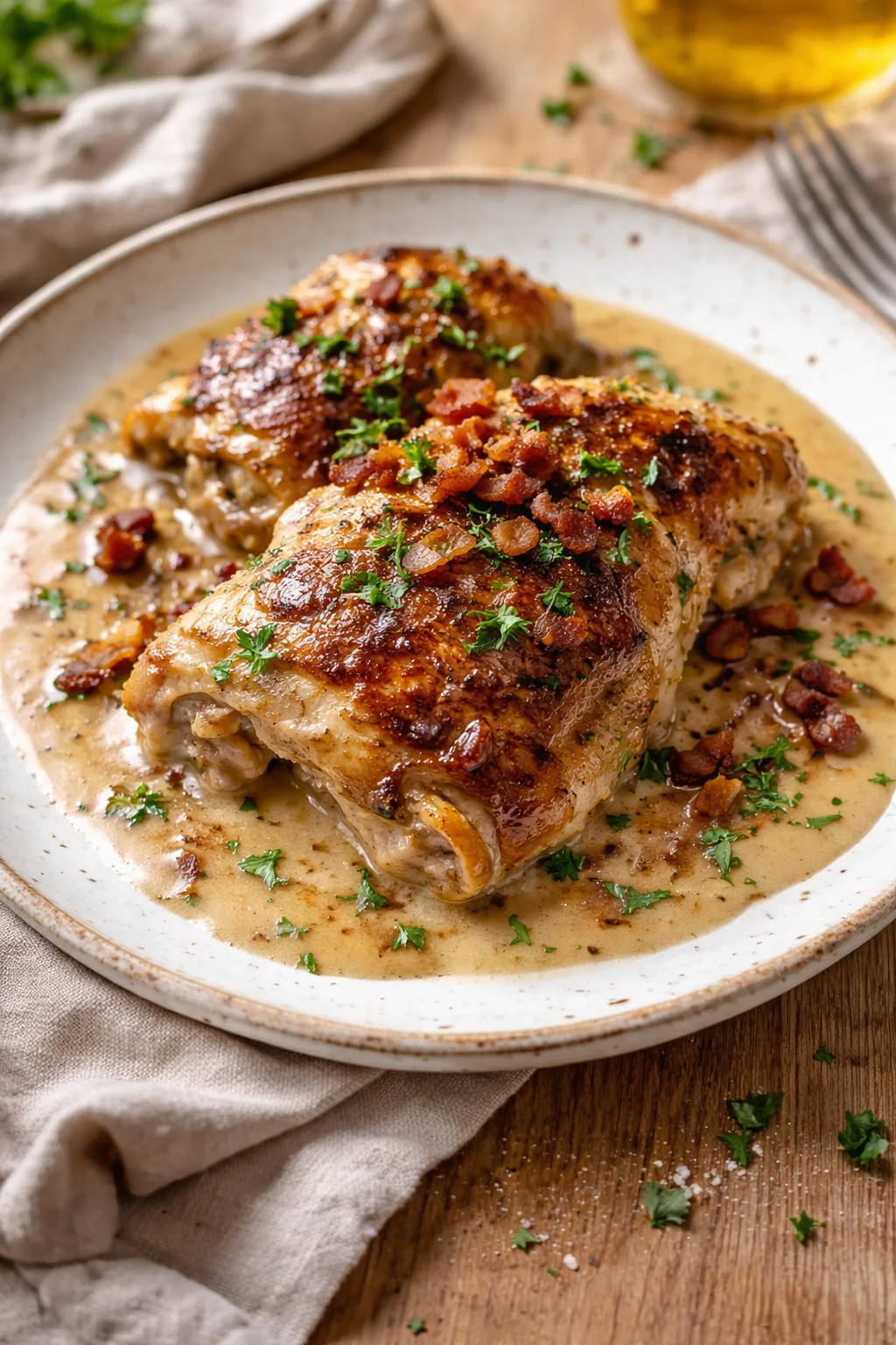 Two pieces of pan-seared chicken with crispy skin in creamy sauce, garnished with bacon bits and parsley.