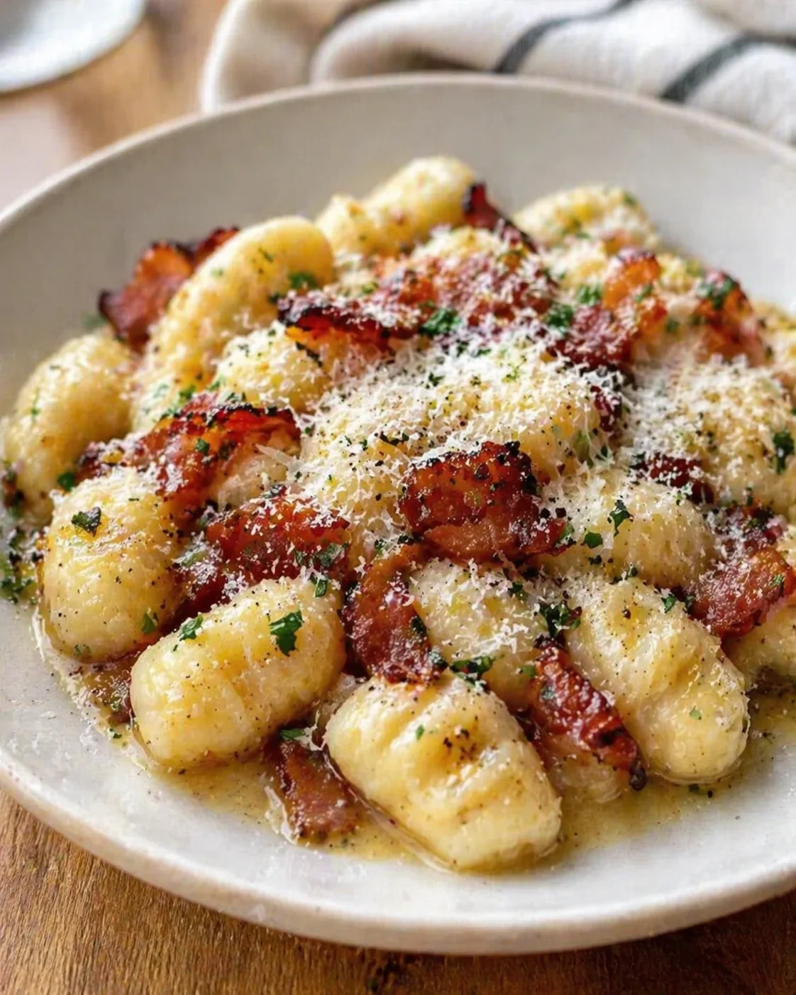 plated gnocchi with crispy bacon, grated parmesan, and herbs in a shallow bowl.