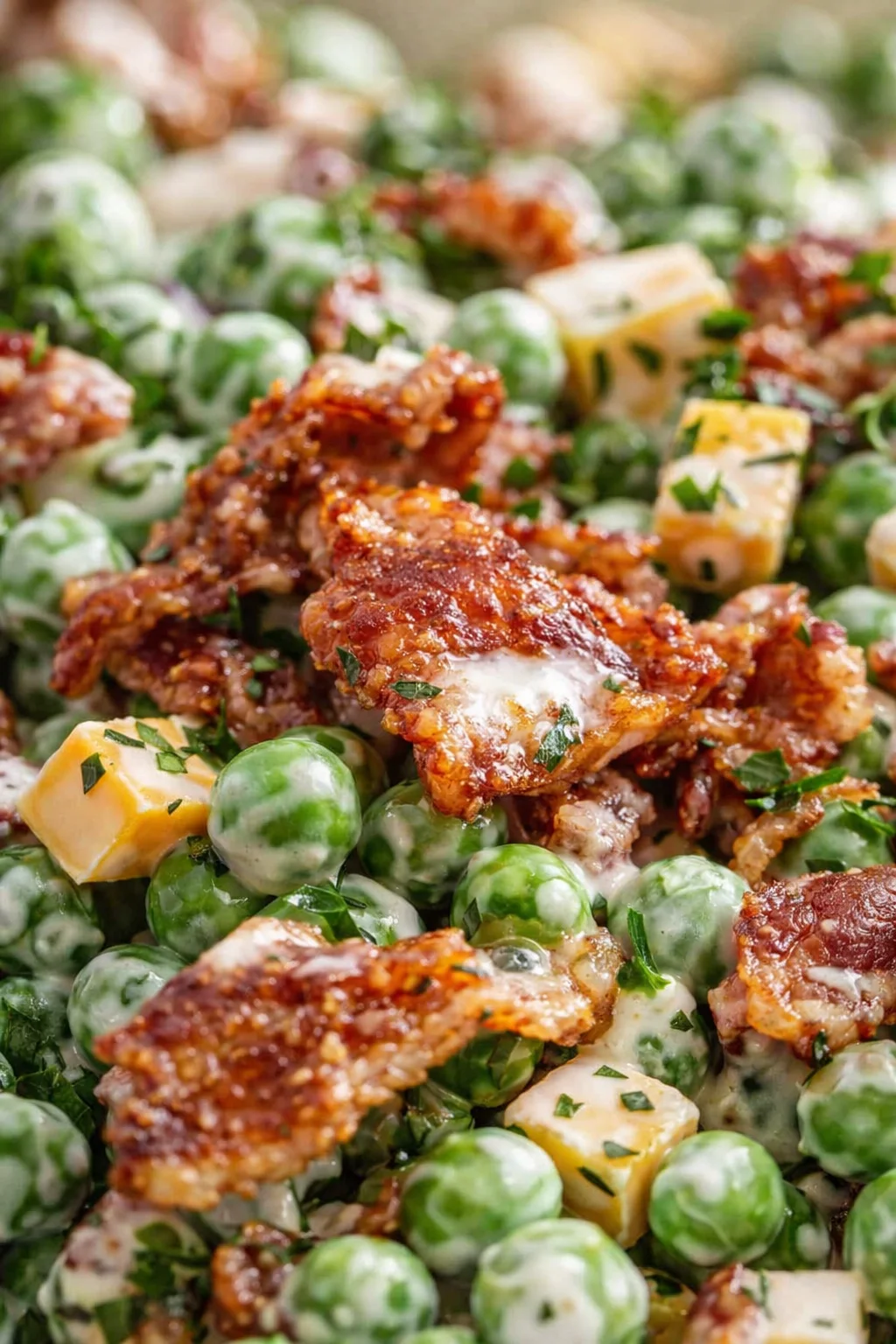 close-up of creamy pea salad with crisp bacon bits, cheese cubes, and chopped parsley