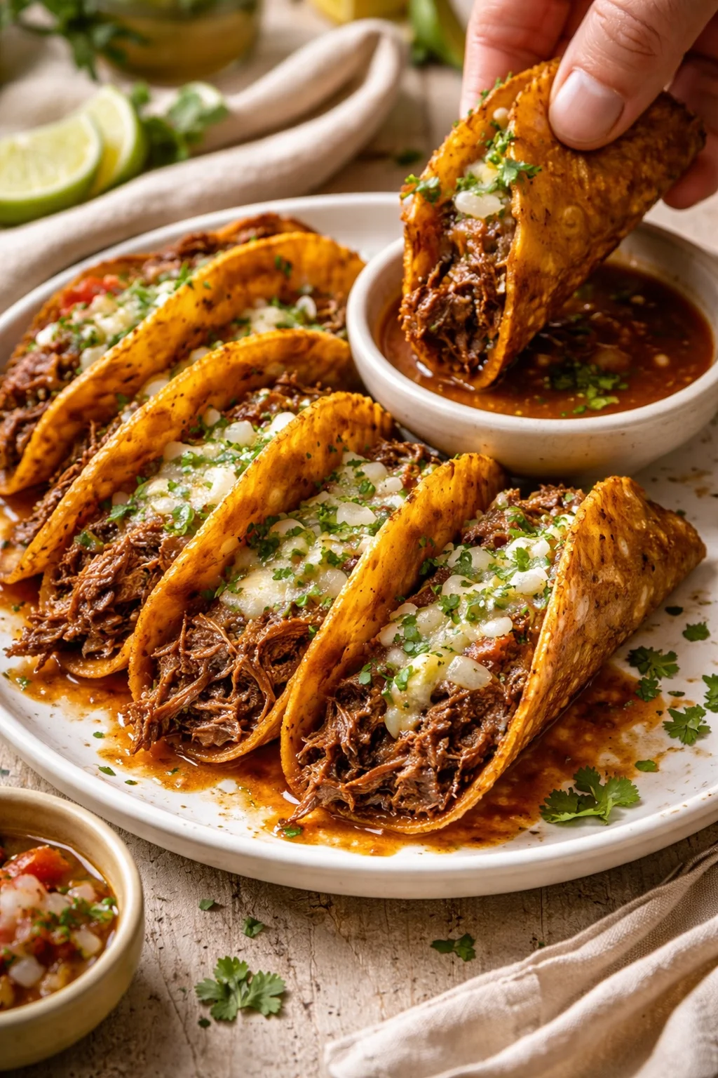 hand-dipping a crispy barbacoa taco into salsa beside a plate of shredded-beef tacos.