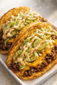 Two crispy beef tacos topped with lettuce, pickles, and creamy drizzle on a white plate.