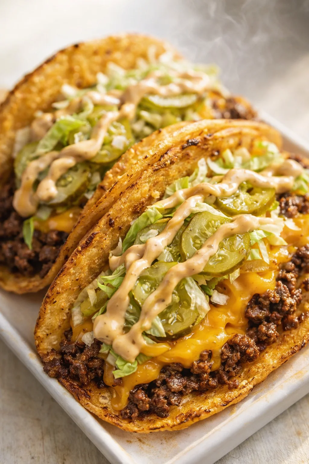 Two crispy beef tacos topped with lettuce, pickles, and creamy drizzle on a white plate.