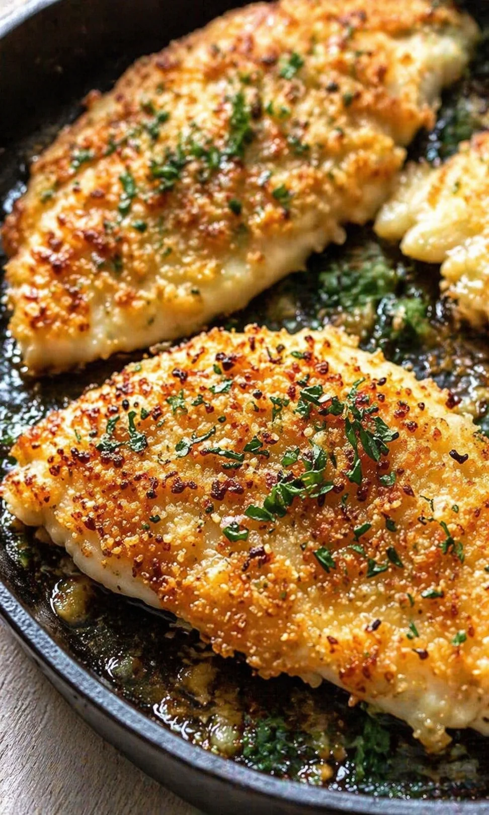 Golden breadcrumb-crusted fish fillets in a skillet, sprinkled with parsley