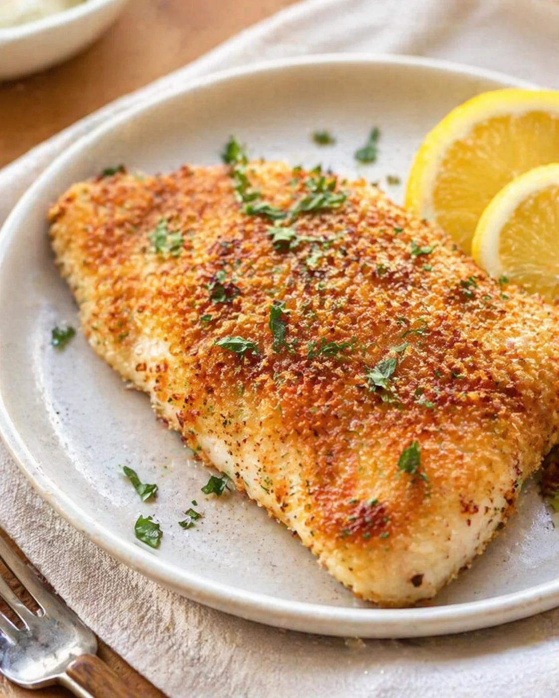 golden-brown crusted chicken fillet on a light plate with parsley and lemon slices