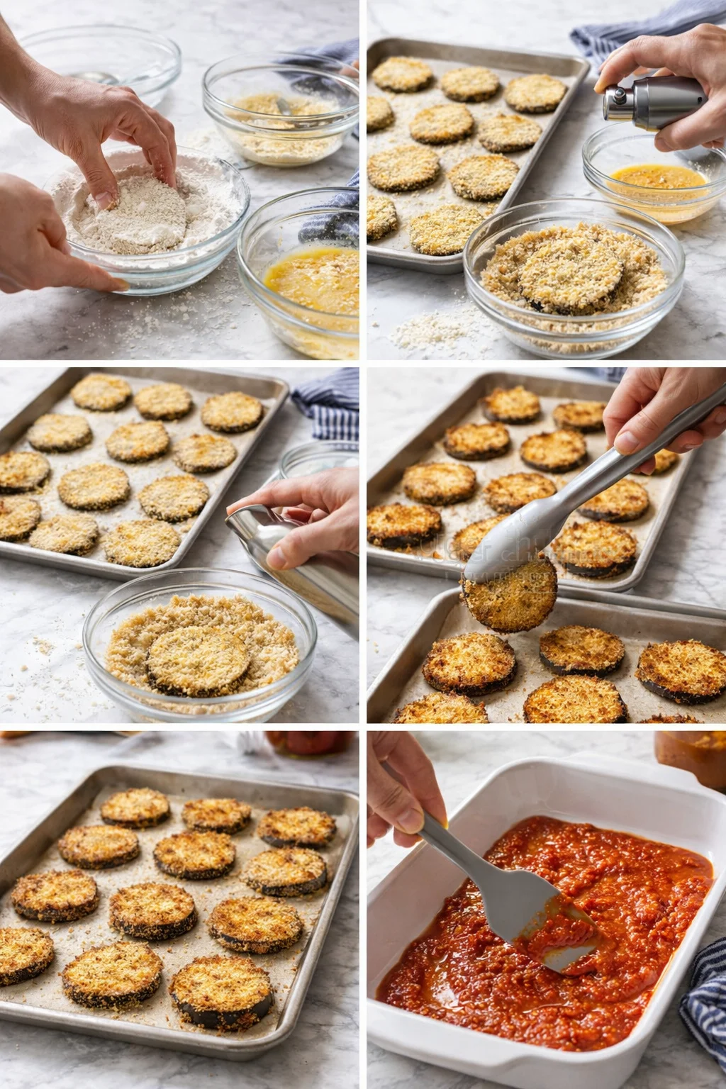 Collage showing breading of eggplant slices: flour, eggs, breadcrumbs, baking tray, and marinara sauce.