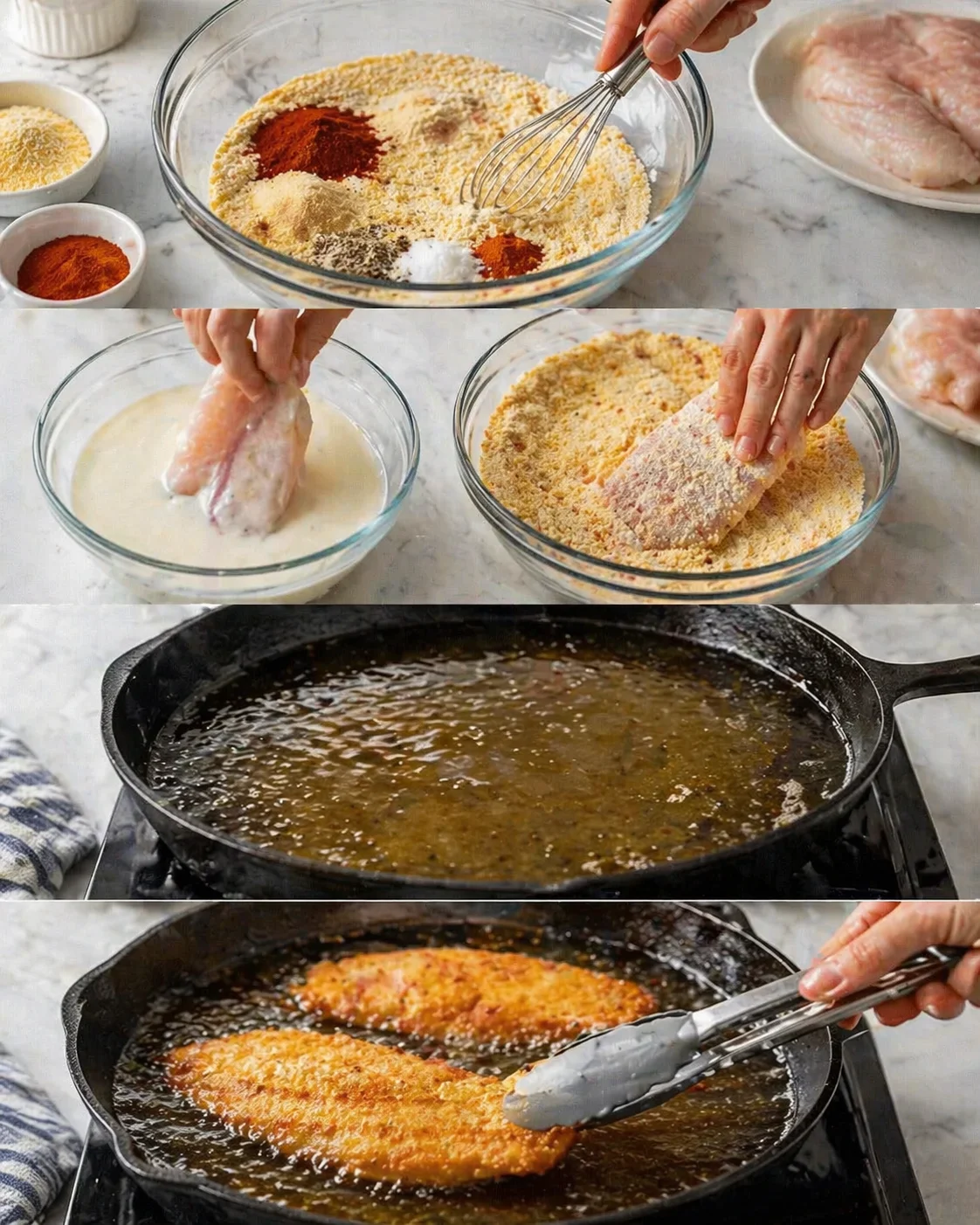 collage showing chicken being breaded and fried: spice bowls, milk dip, crusted chicken, frying in skillet