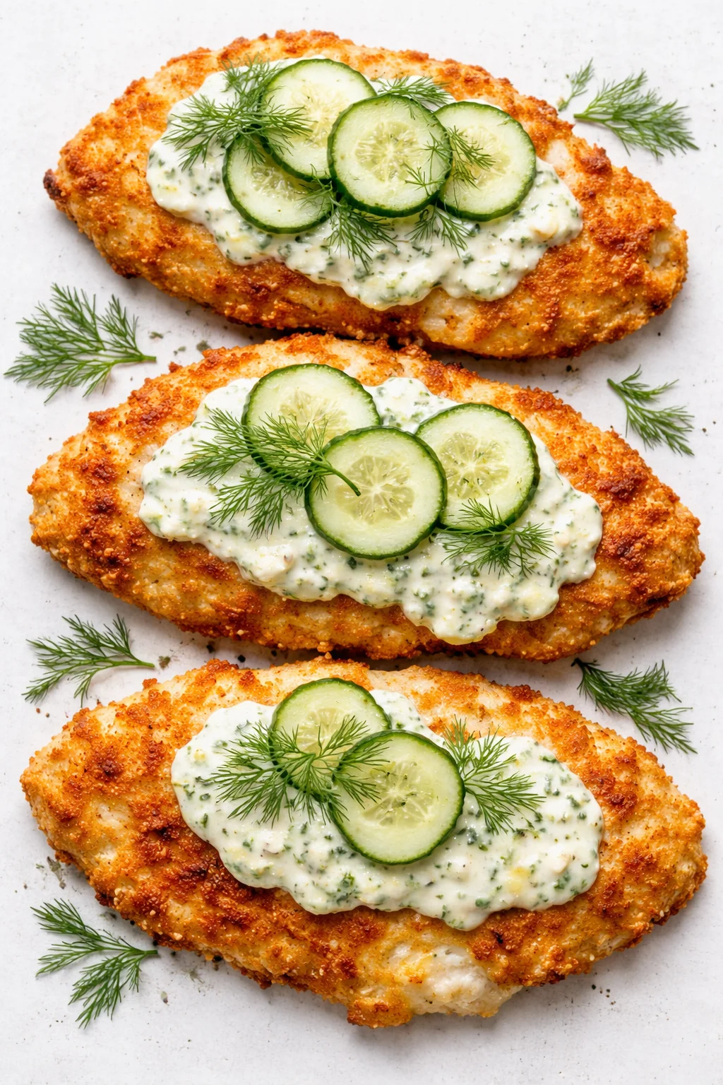 Crispy breaded chicken cutlets topped with herbed yogurt sauce, cucumber slices, and dill.
