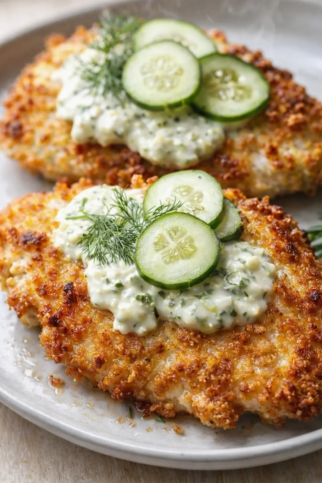 Crispy chicken cutlets with dill yogurt sauce, cucumber slices, and dill garnish on a plate.