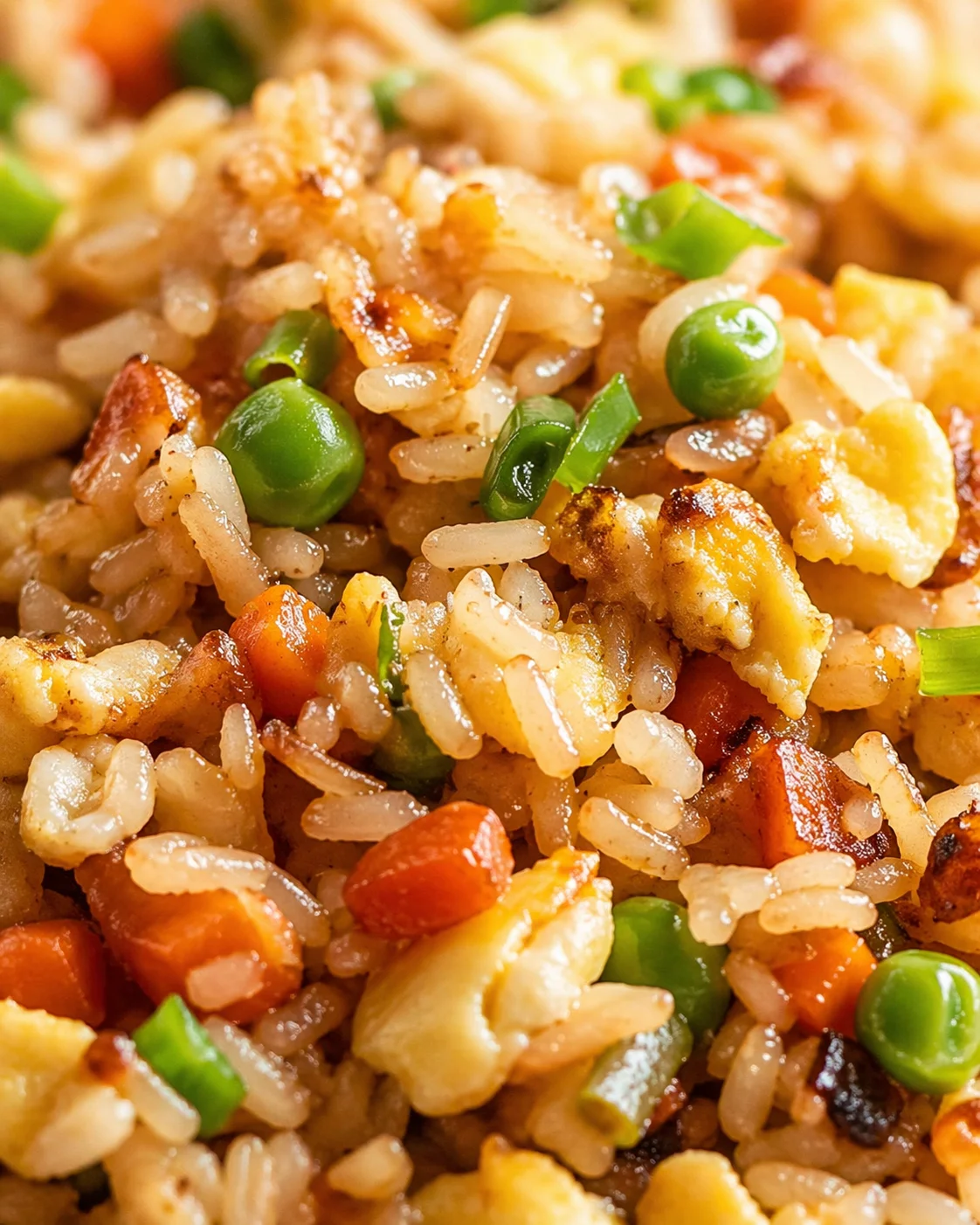 close-up fried rice with chicken, peas, carrots, and chopped green onions