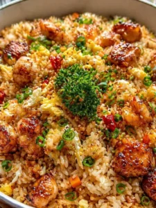 Golden fried rice with crispy chicken, green onions, and a parsley garnish in a skillet
