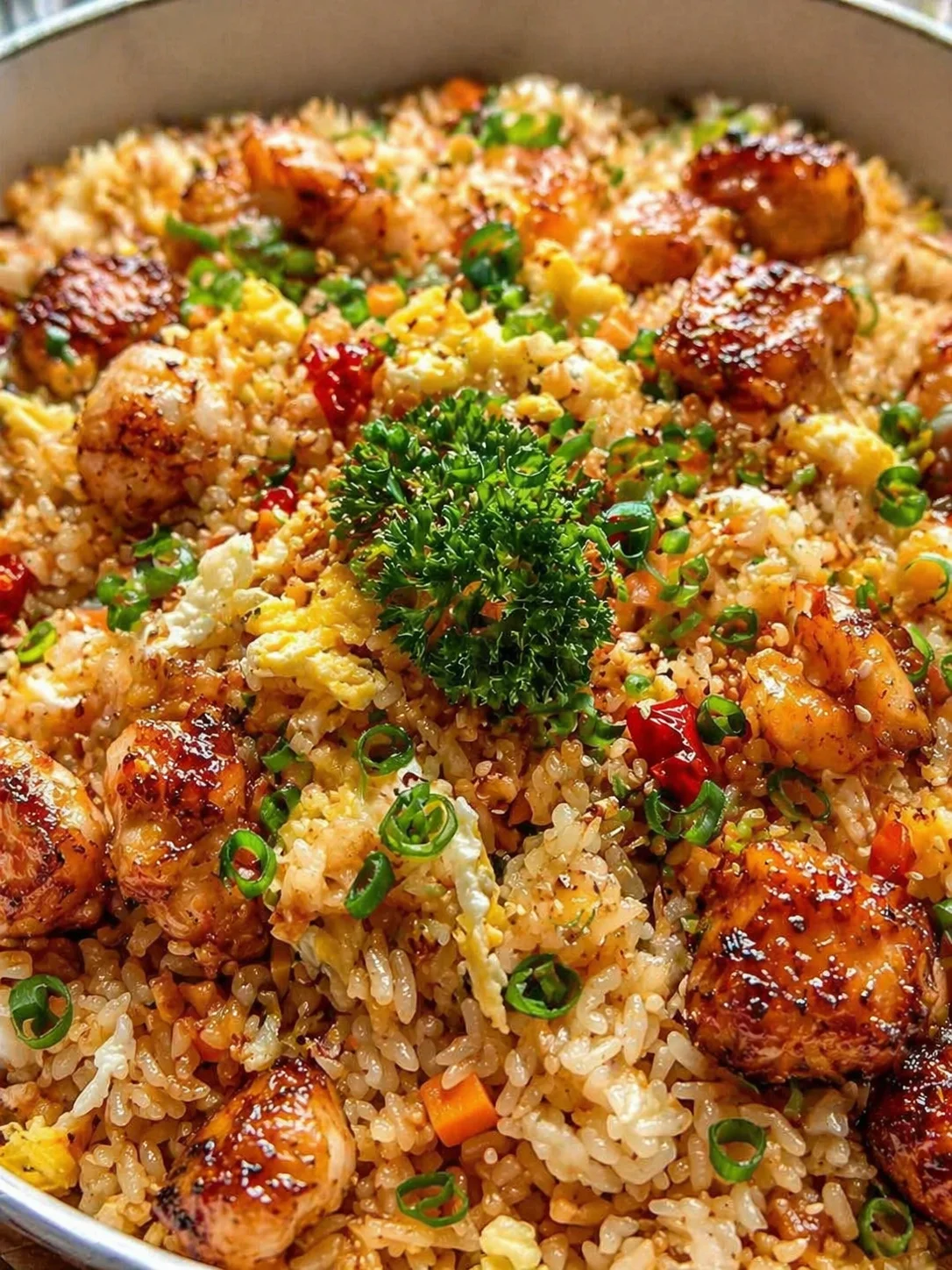 Golden fried rice with crispy chicken, green onions, and a parsley garnish in a skillet