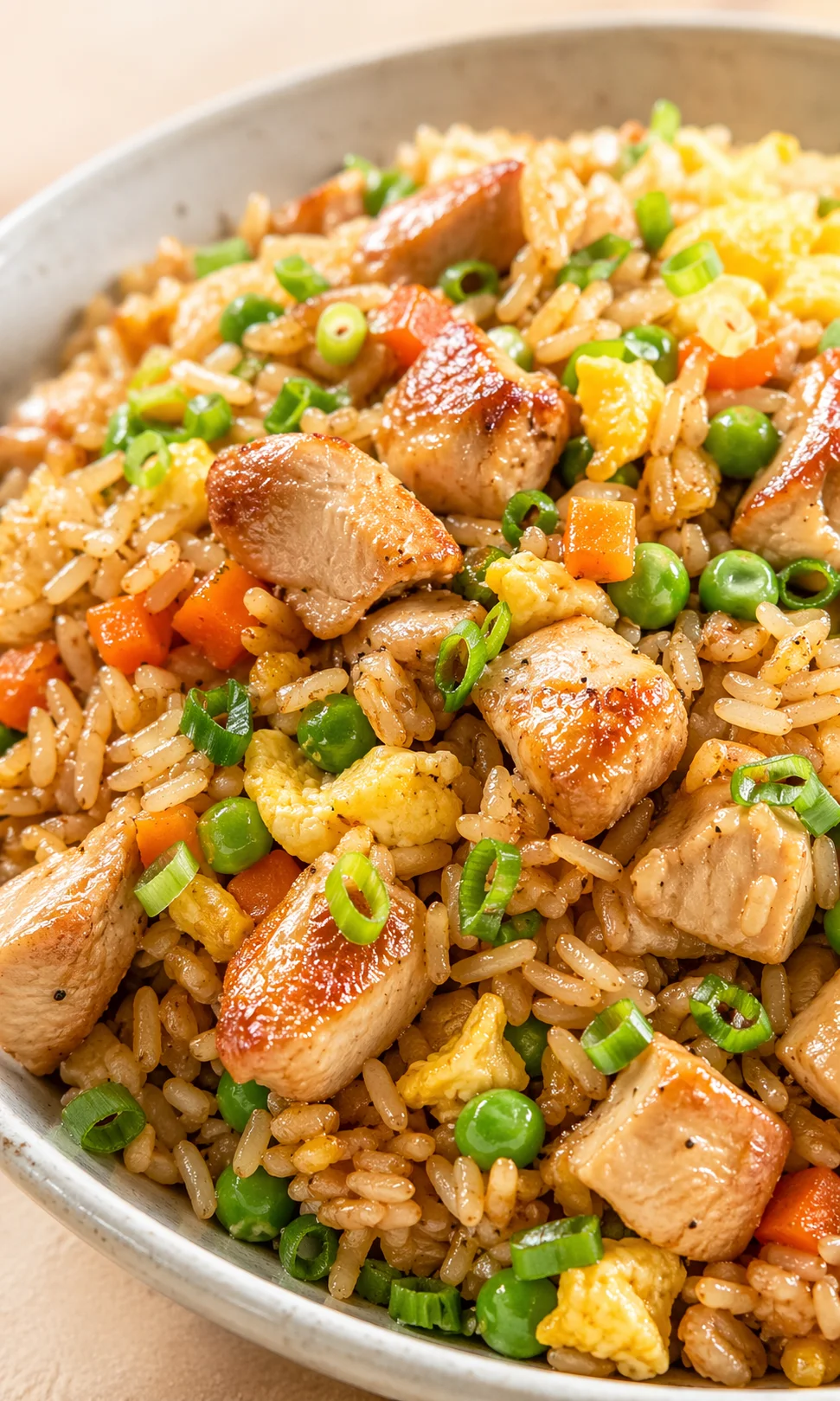 close-up photo of crispy chicken fried rice with peas, diced carrots, eggs, and green onions in a gray skillet
