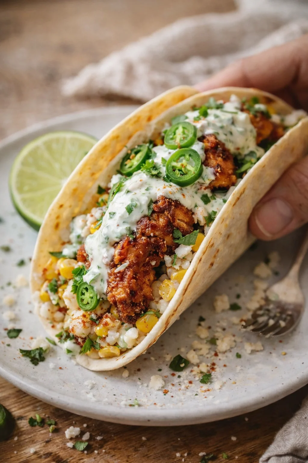 A hand holds a soft tortilla taco filled with crispy chicken, corn, rice, jalapeños, cilantro, and lime crema.