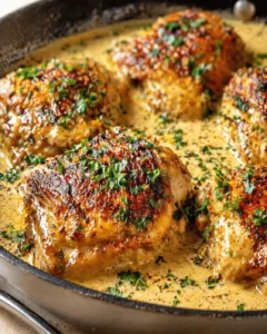 Close-up of pan-seared chicken thighs in a creamy herb sauce, garnished with chopped parsley