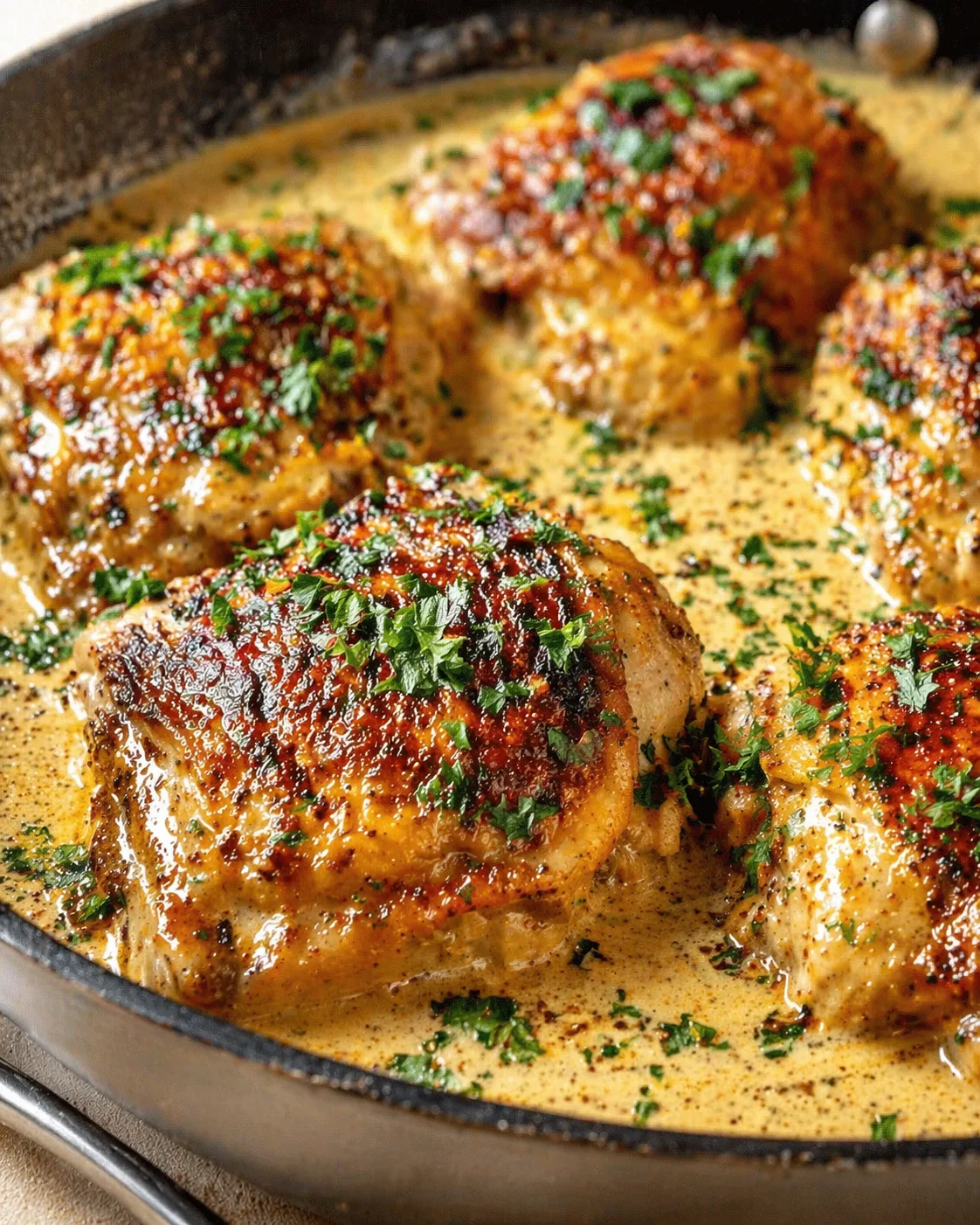 Close-up of pan-seared chicken thighs in a creamy herb sauce, garnished with chopped parsley