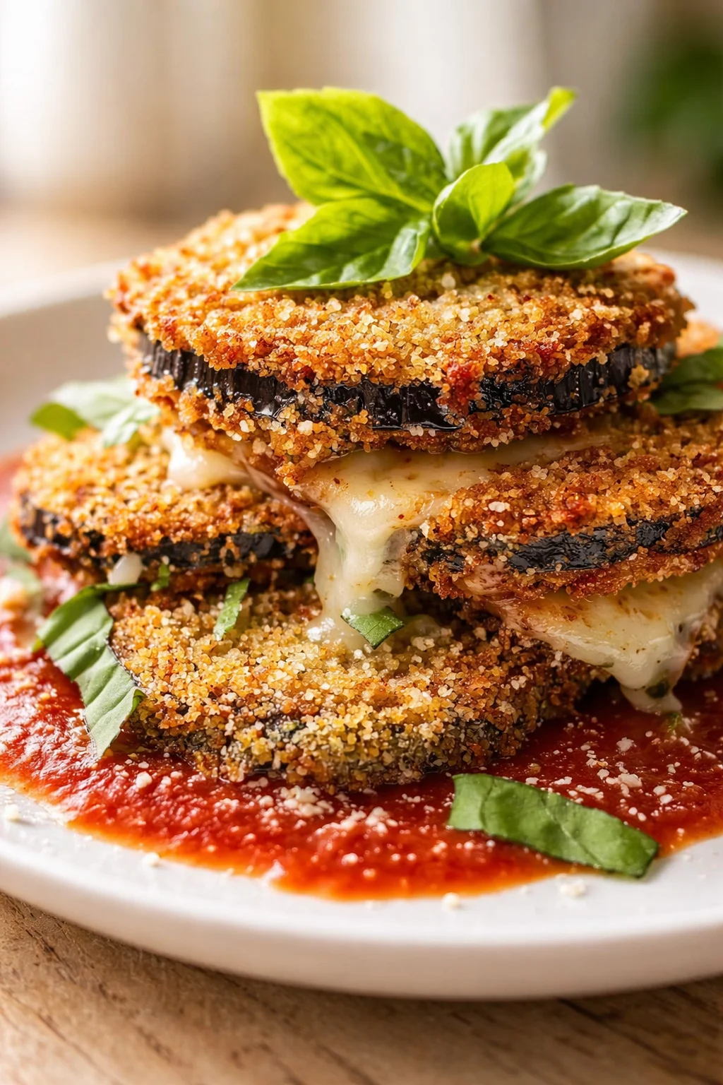 Stack of crispy breadcrumbed eggplant slices with melted cheese, topped with basil, sitting on marinara sauce.