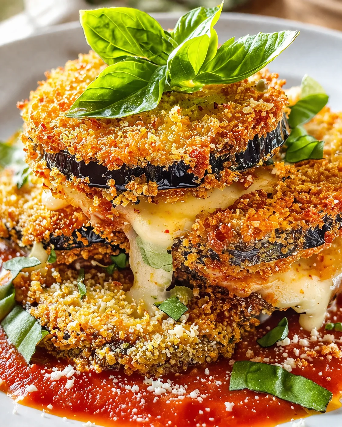 crispy breadcrumb-coated eggplant stack with melted cheese, fresh basil, and red tomato sauce.