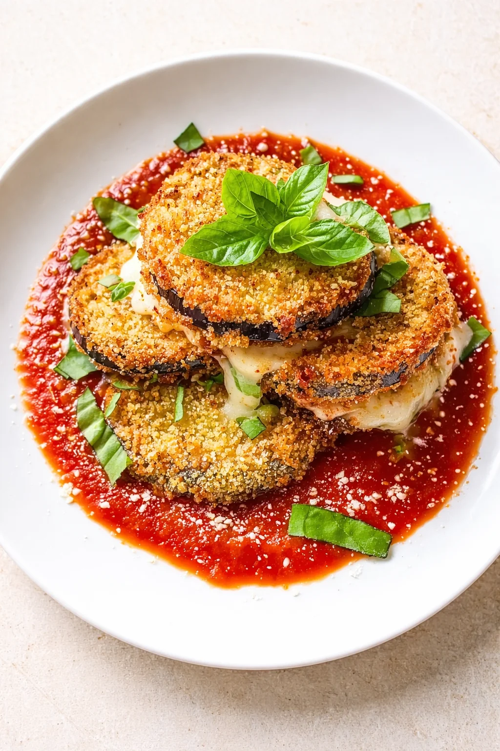 Stack of crispy breadcrumbed eggplant slices atop tomato sauce, finished with fresh basil.