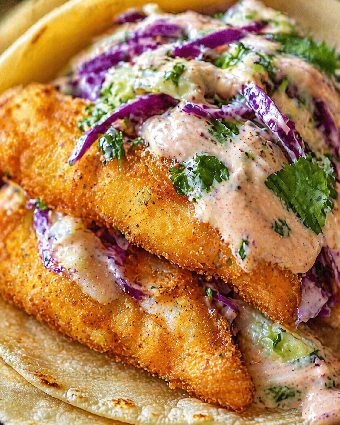 crispy breaded fish fillets atop a tortilla with purple cabbage slaw and herb sauce