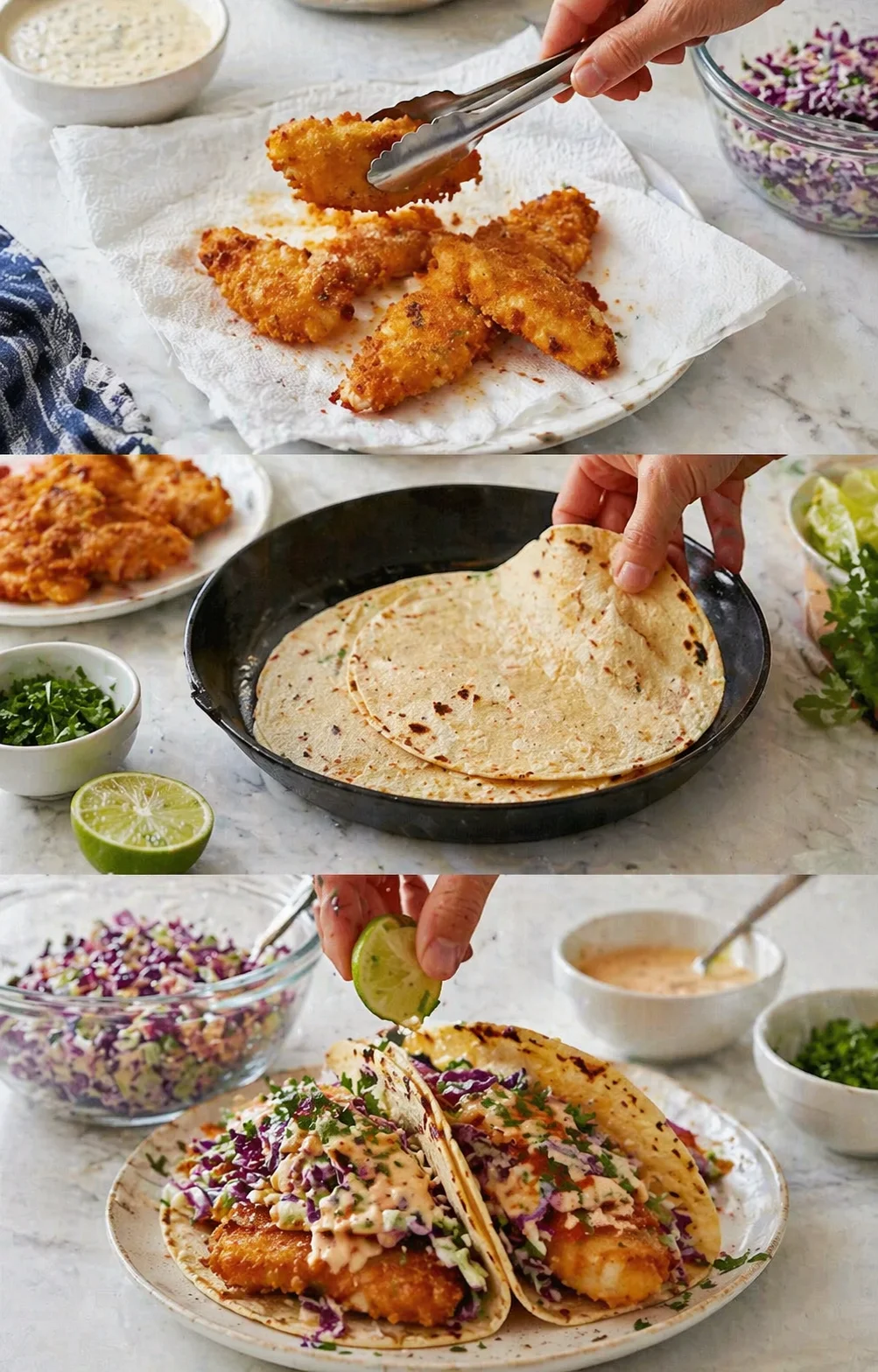 Three-panel collage showing fried breaded pieces, tortillas in a skillet, and plated fish tacos topped with slaw and lime.