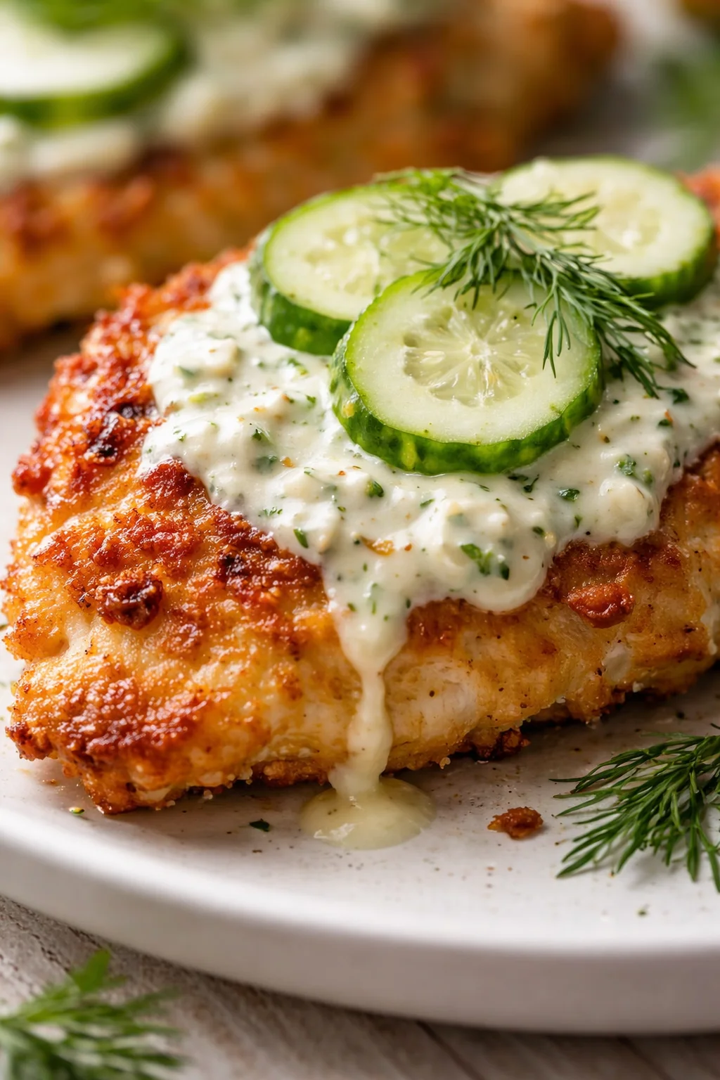Golden crusted fish fillet topped with creamy herb sauce, cucumber rounds, and dill garnish on a white plate.