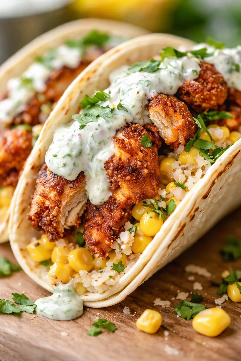 Two soft tortillas filled with crispy fried chicken, corn, rice, cilantro-lime crema, and fresh herbs.