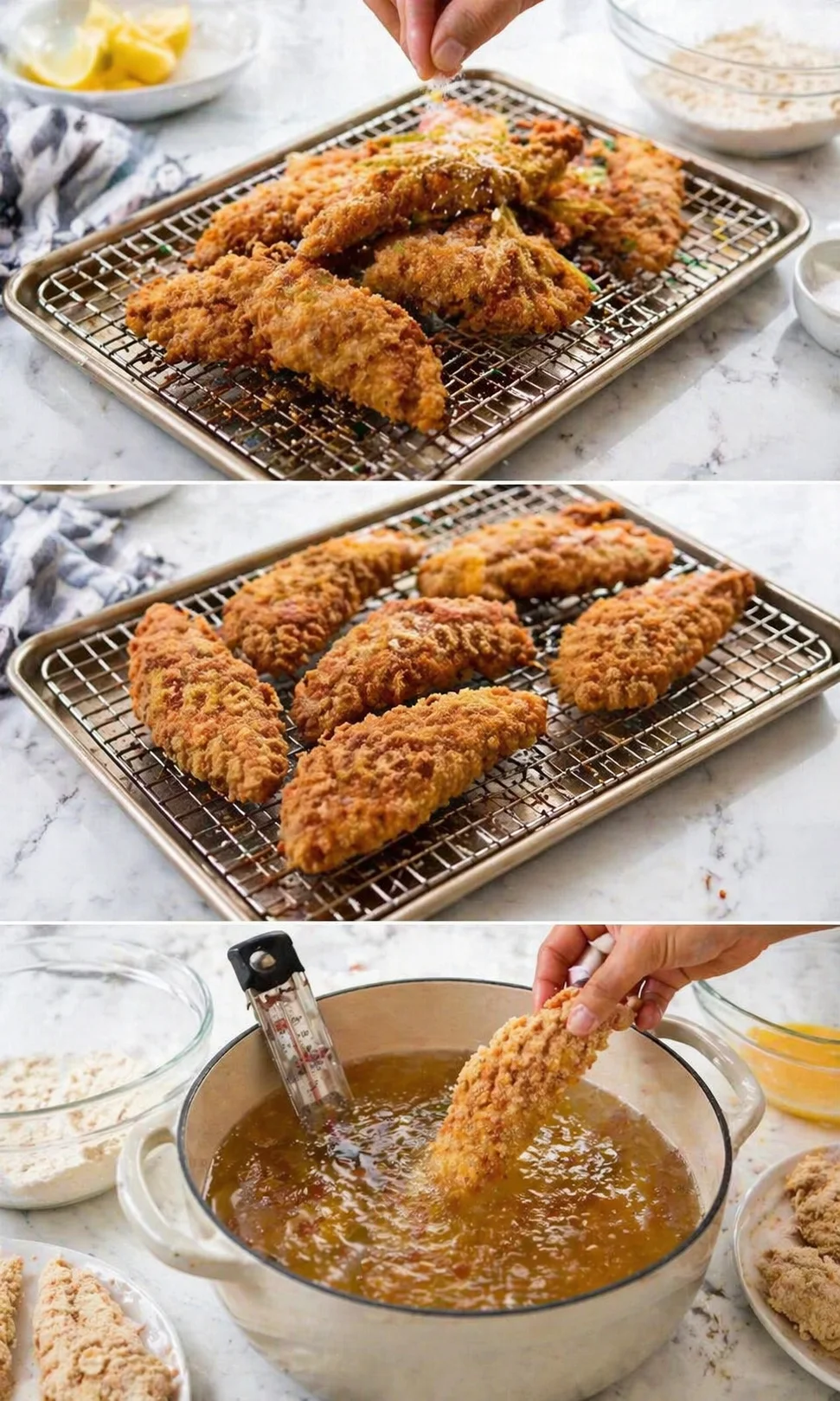 collage of golden fried chicken on a wire rack during cooking