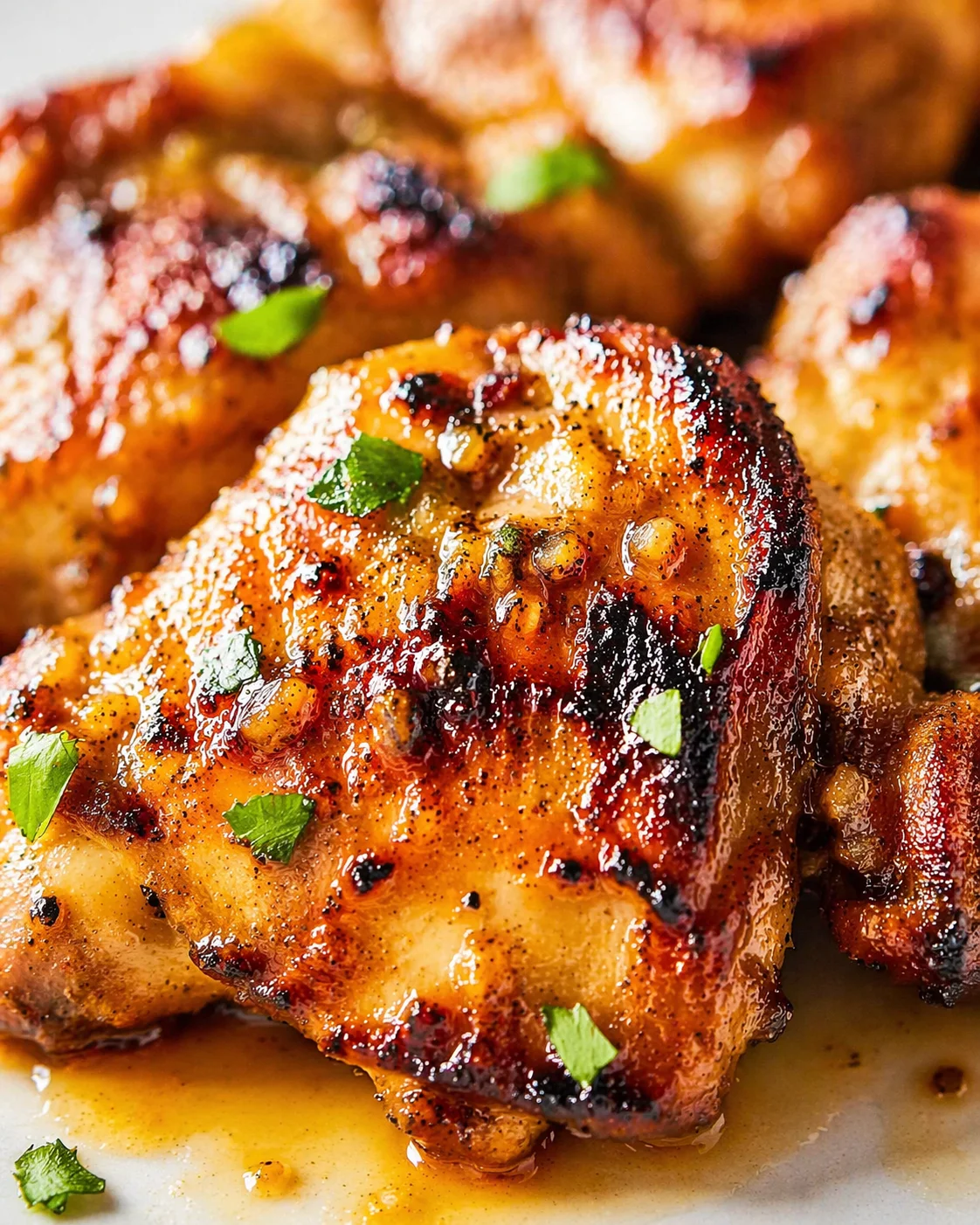 close-up of crispy glazed roasted chicken thighs garnished with parsley