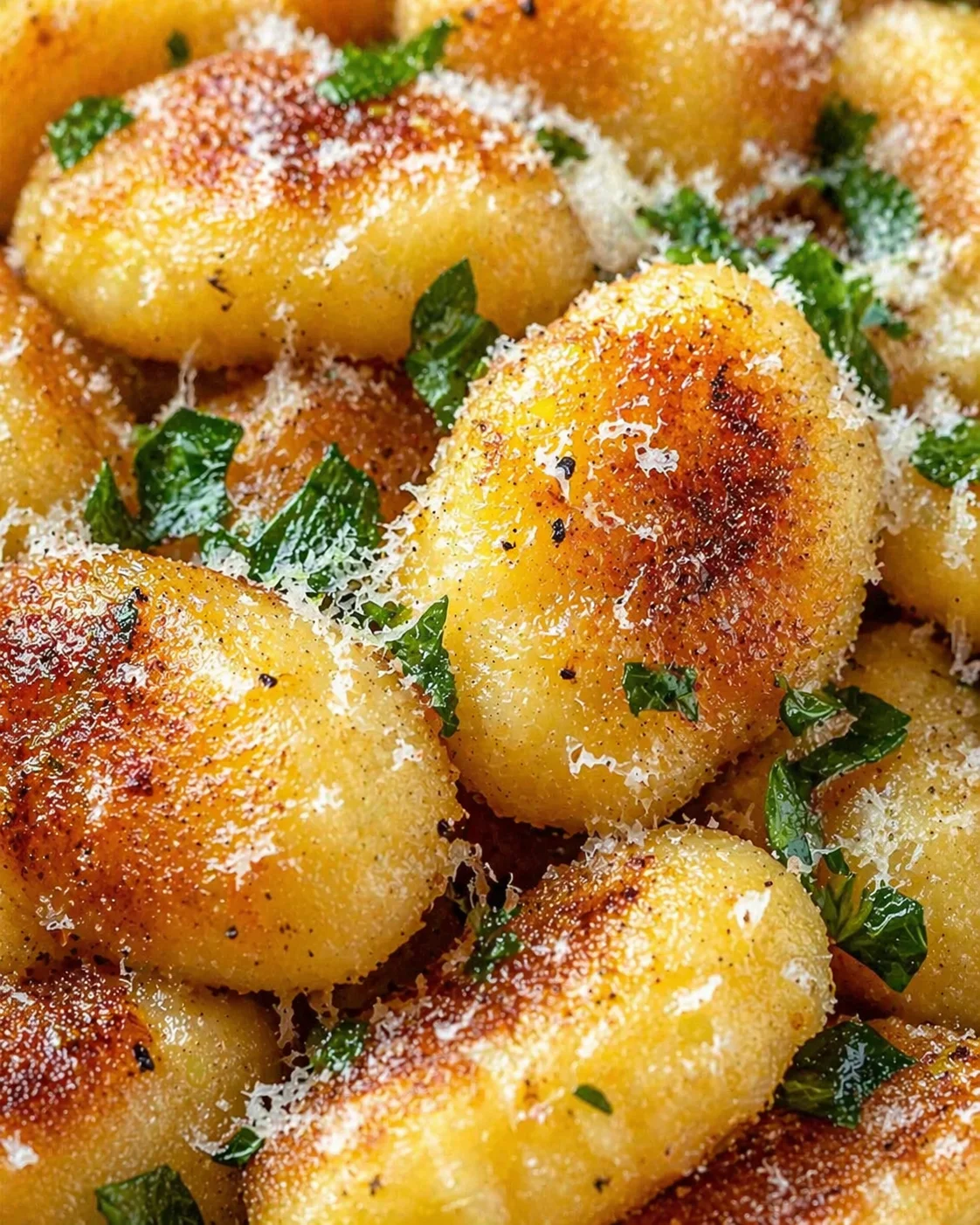 Golden-brown crispy gnocchi bites topped with grated parmesan and fresh parsley.