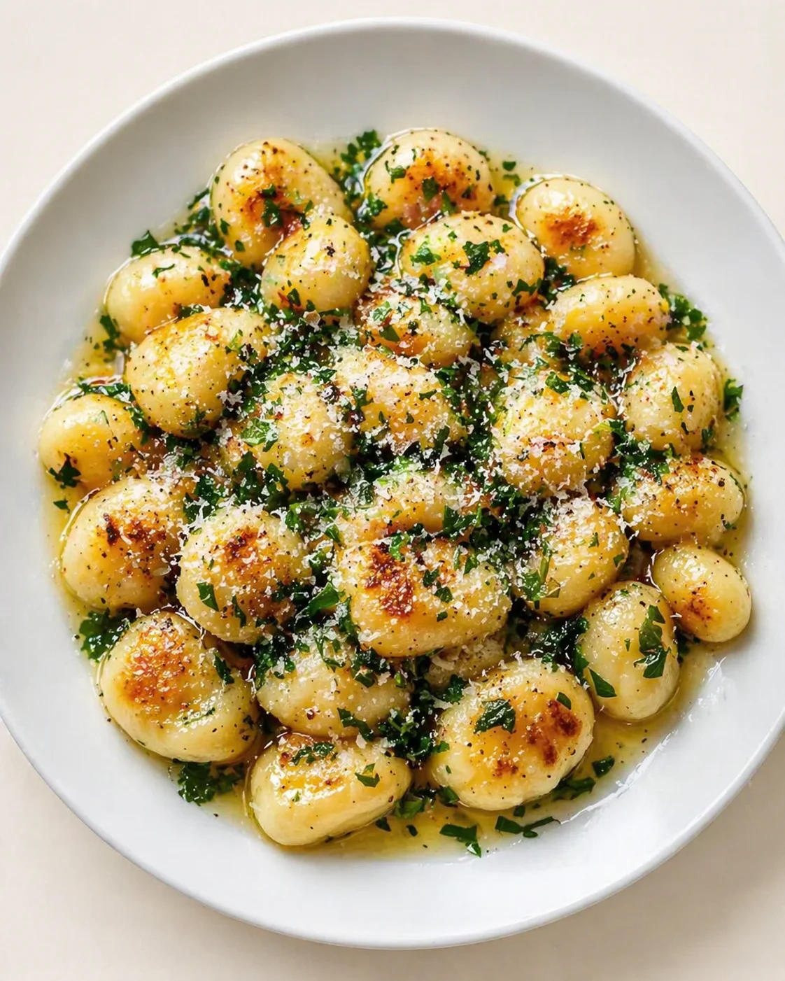 bowl of golden-brown gnocchi with parsley and parmesan in butter sauce