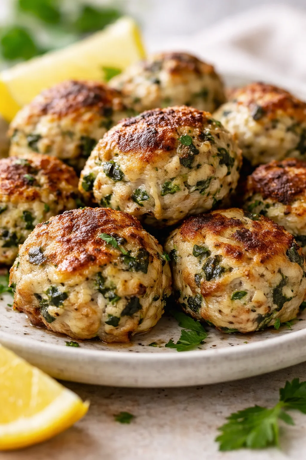 Golden brown herb cheese balls stacked on a plate with lemon wedges.