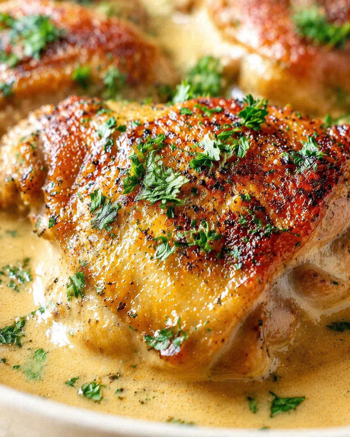 Close-up of crispy roasted chicken with parsley garnish in creamy sauce.