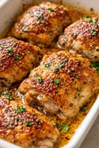 golden-brown roasted chicken thighs with a crispy herb crust in a shallow white baking dish