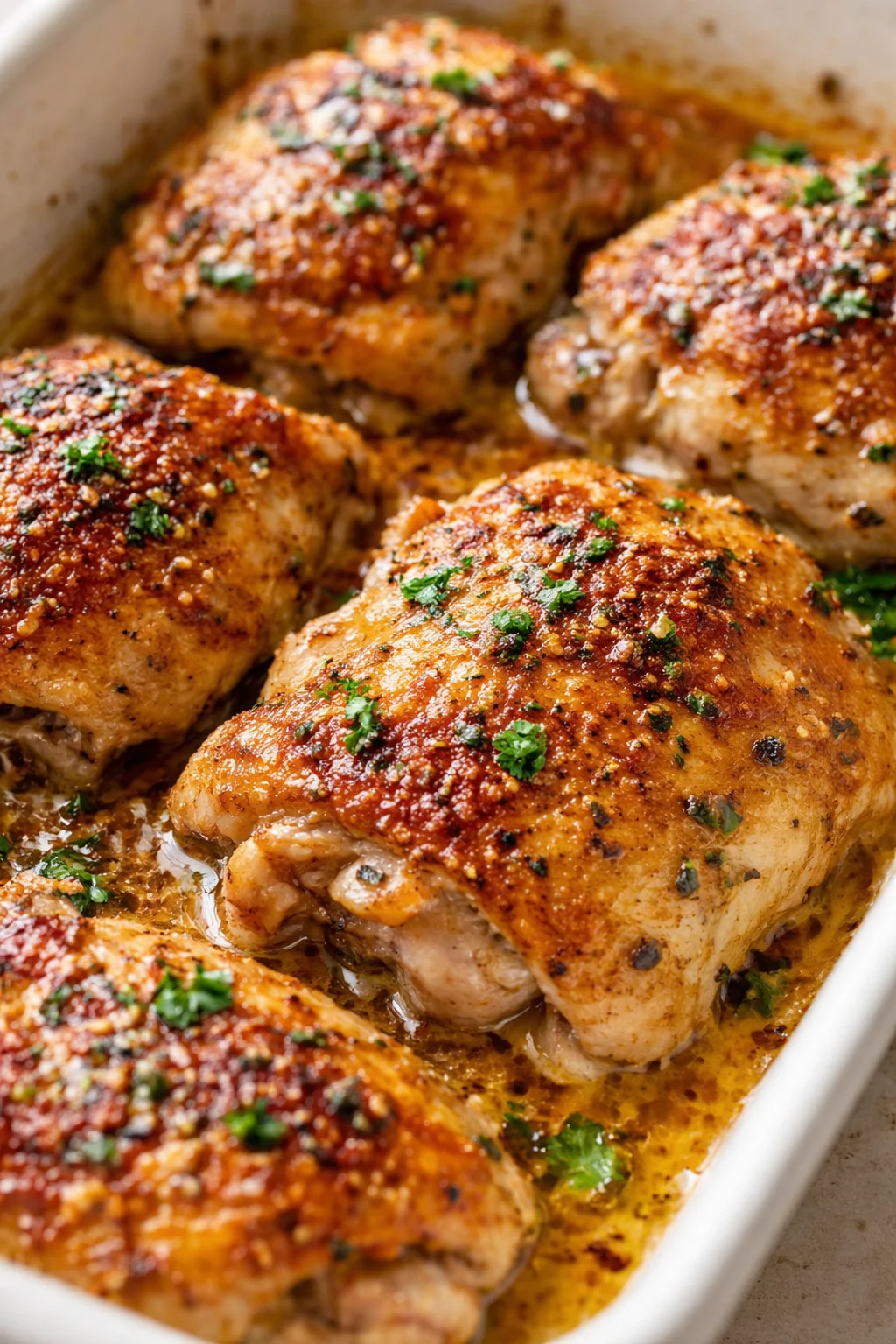 golden-brown roasted chicken thighs with a crispy herb crust in a shallow white baking dish