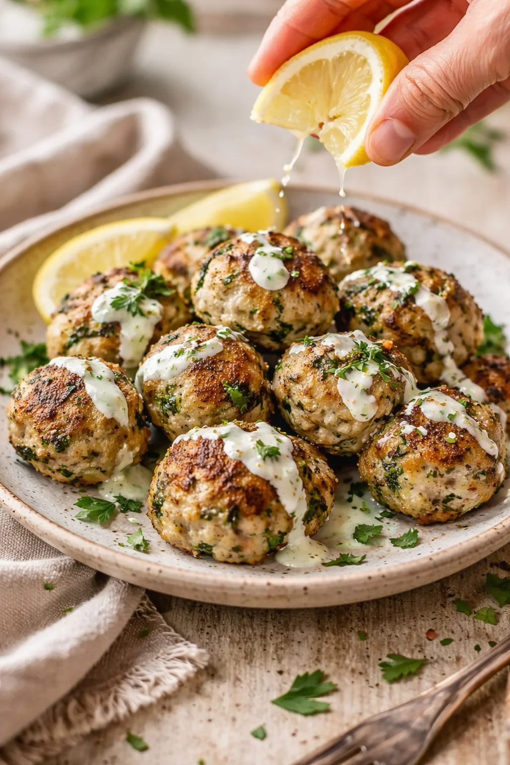 plate of crispy herb meatballs with creamy sauce, lemon wedges, and parsley