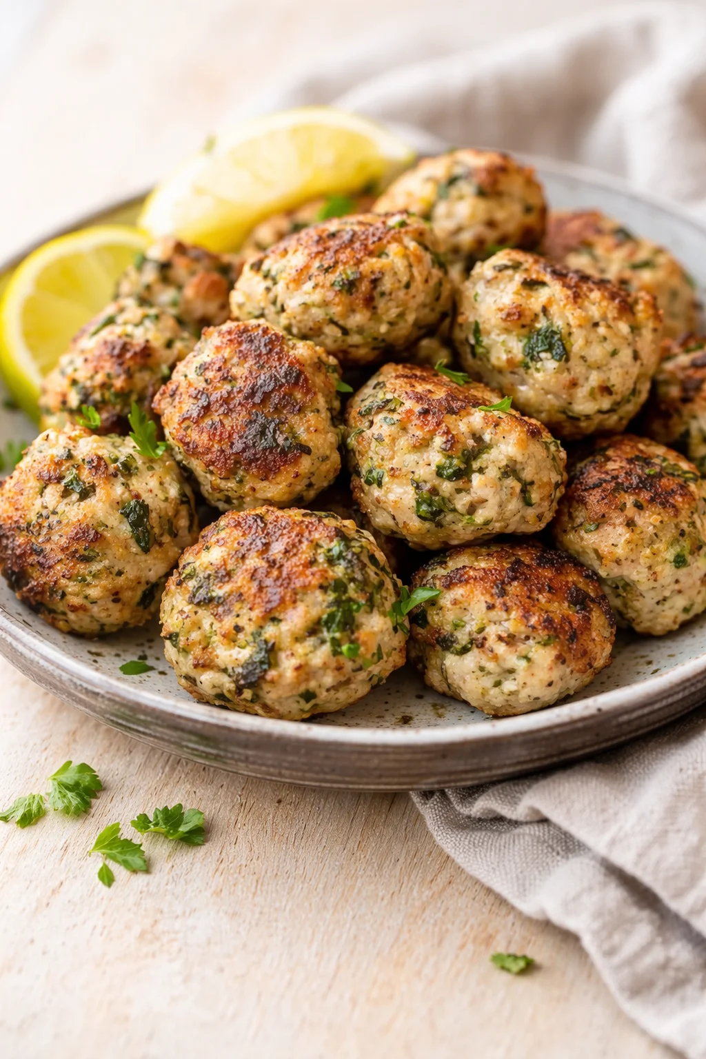 plate of crispy browned herb meatballs with lemon wedges on a rustic wooden table