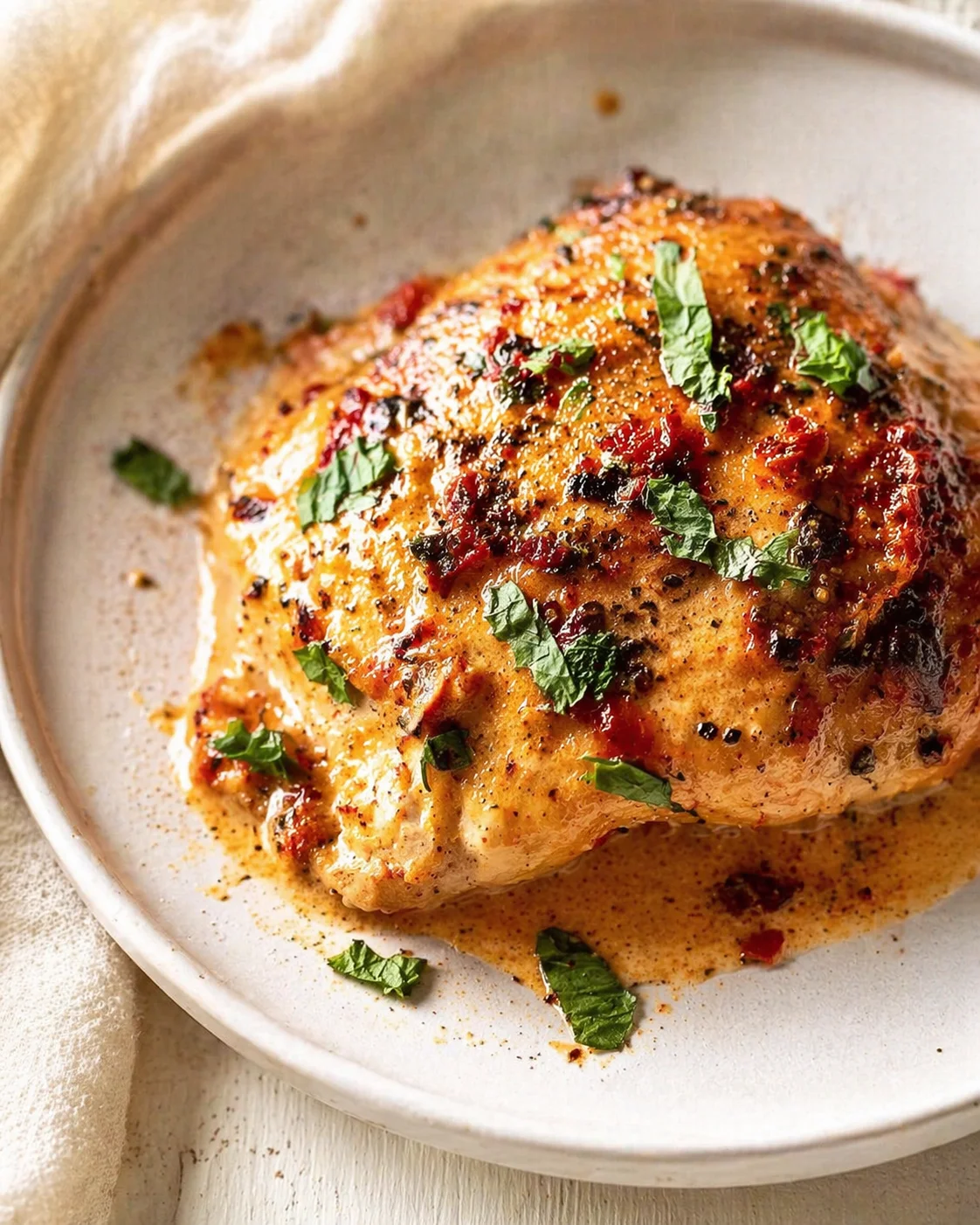 plate with crispy roasted chicken, golden skin, orange-brown glaze, and green herbs