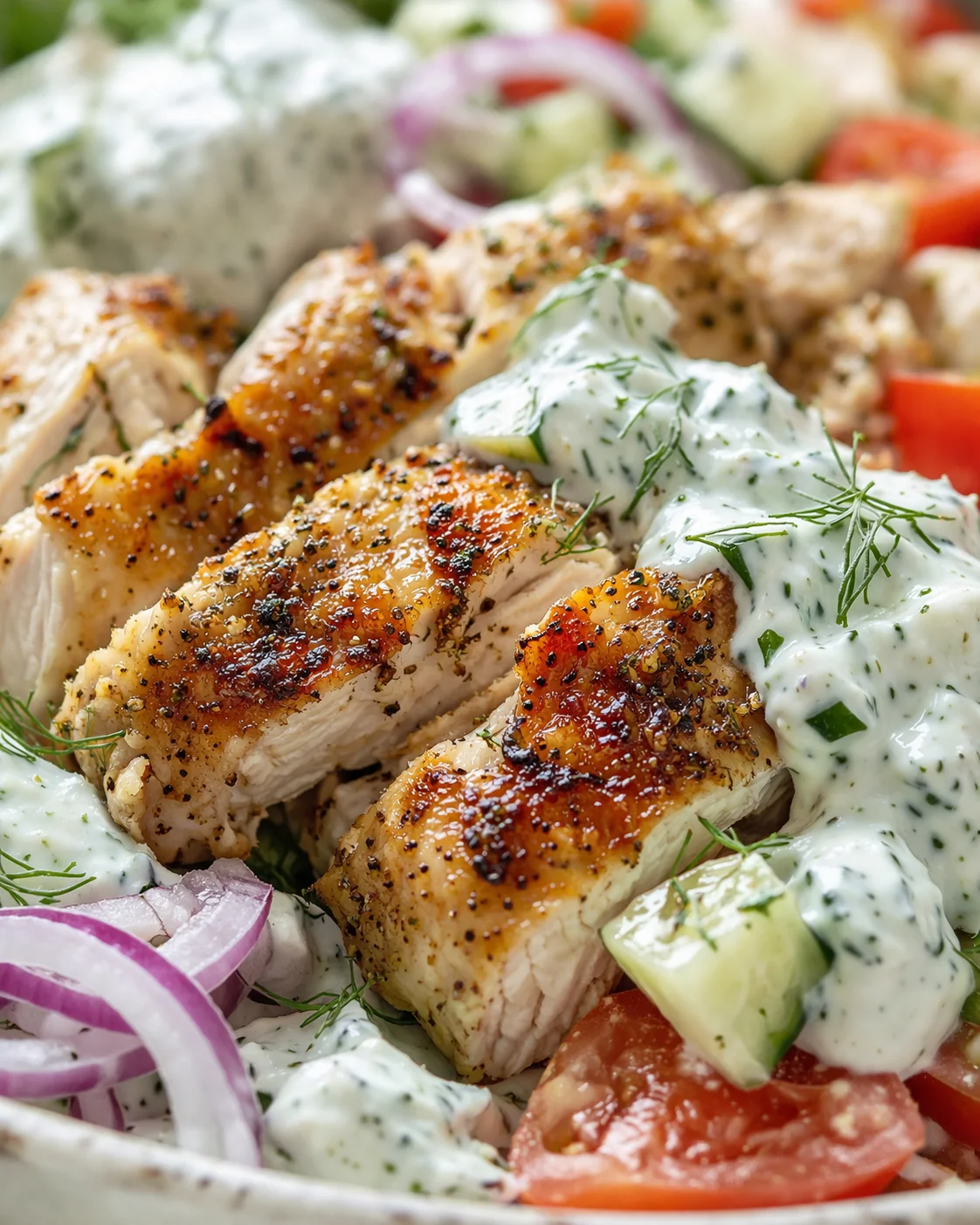 Crispy-skinned roasted chicken slices topped with dill yogurt sauce, alongside cucumber and tomato salad.