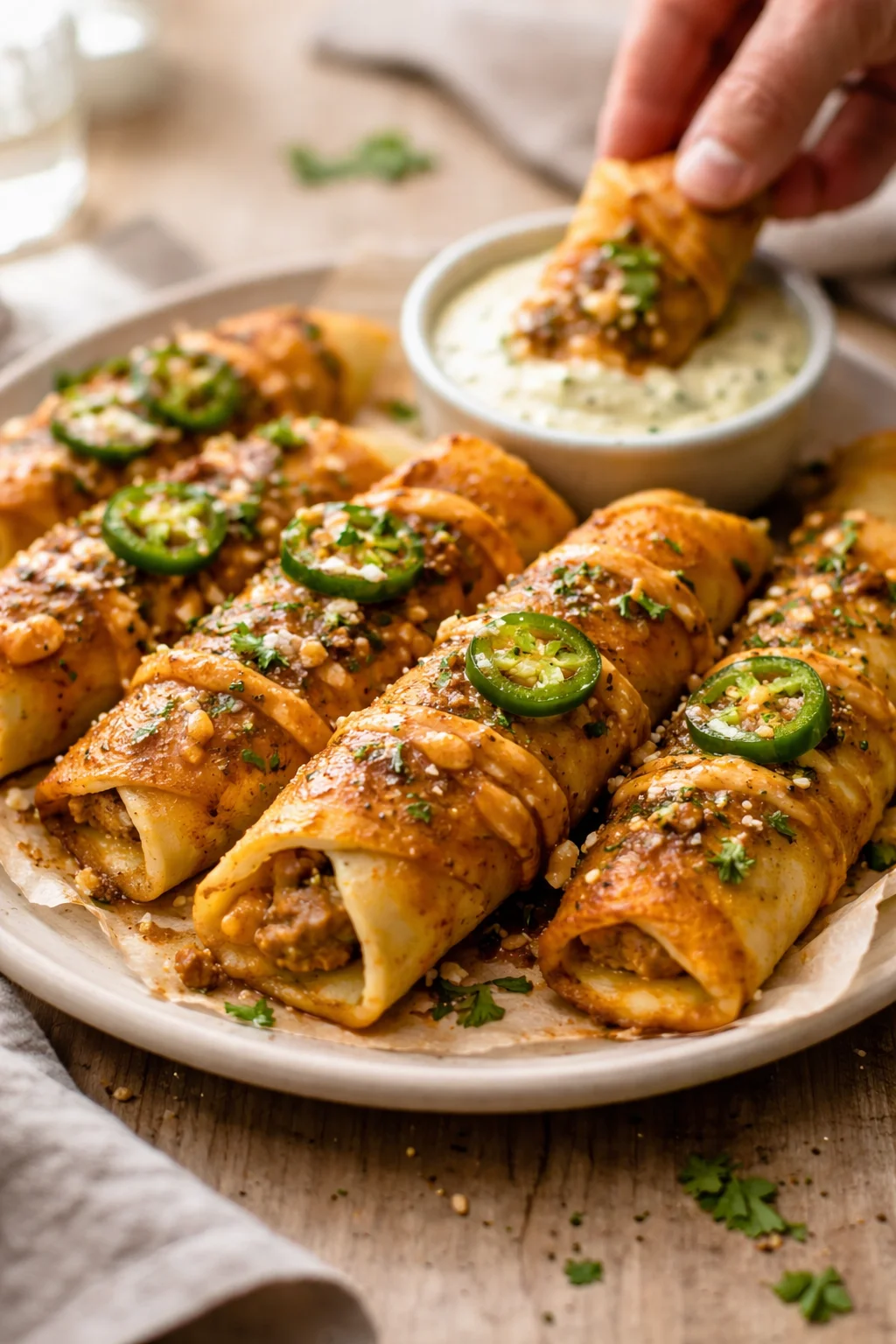 plate of crispy taquitos topped with jalapeno slices and herbs, with a creamy dip nearby.