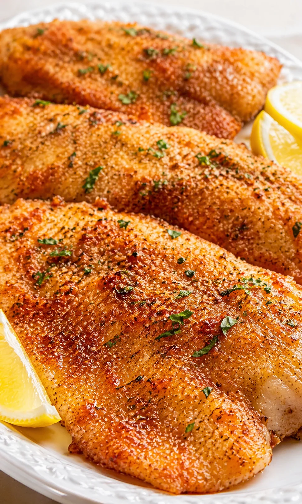 Golden-brown crispy chicken cutlets, sprinkled with parsley, served with lemon wedges on a white plate.